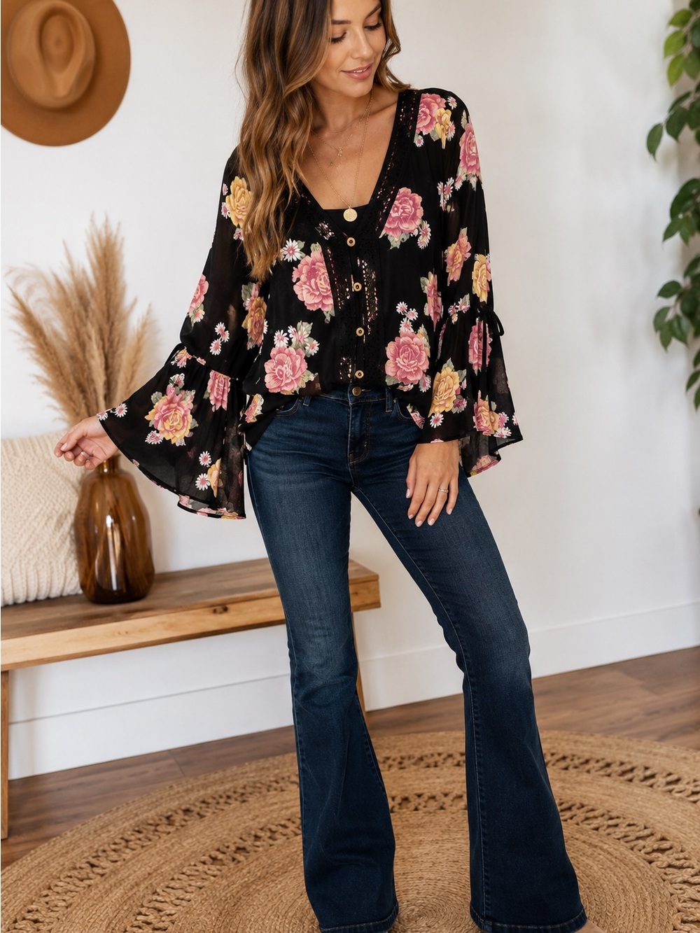 Maurices Floral Boho Kimono Sleeve Button Front Top NWT